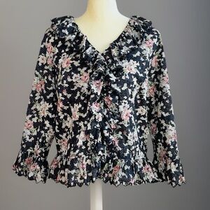 Lauren Jeans Co Ralph Lauren Black Pink Floral Ruffle Blouse Size Medium